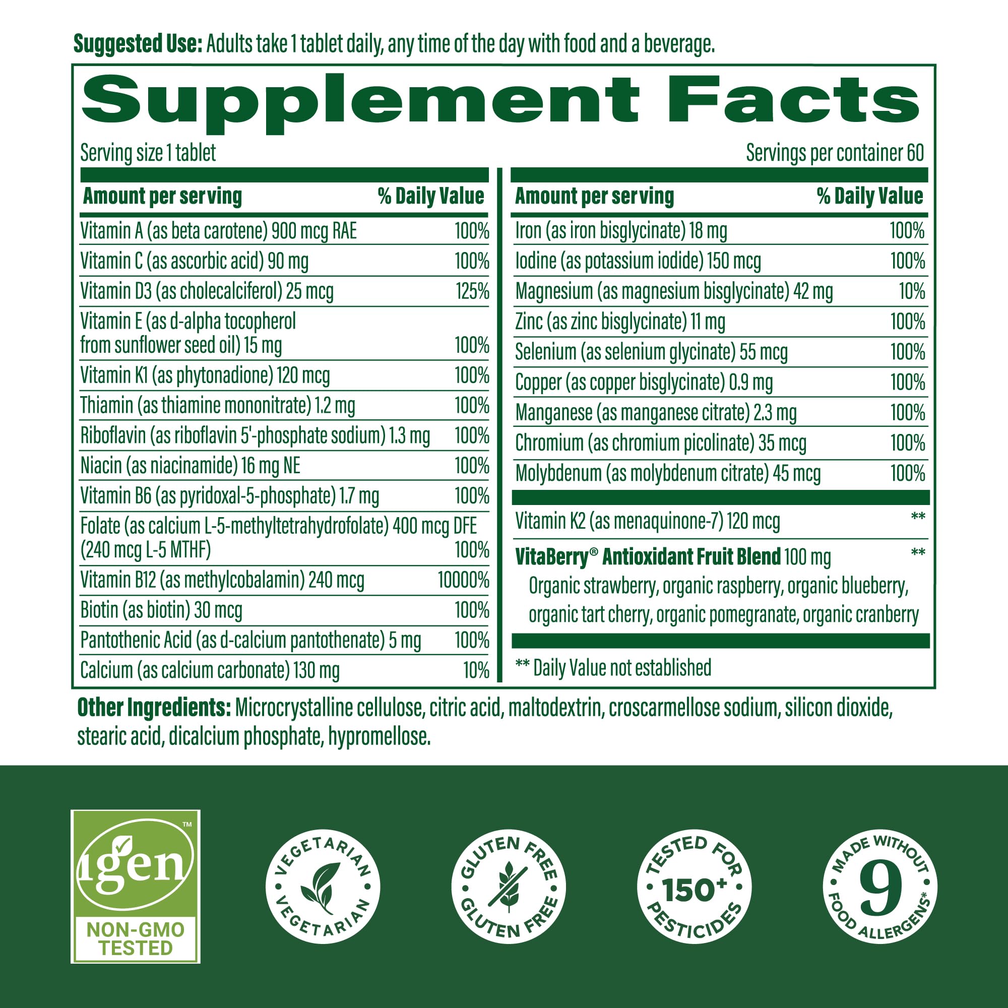 Nutrition label for MegaFood Women's Multivitamin