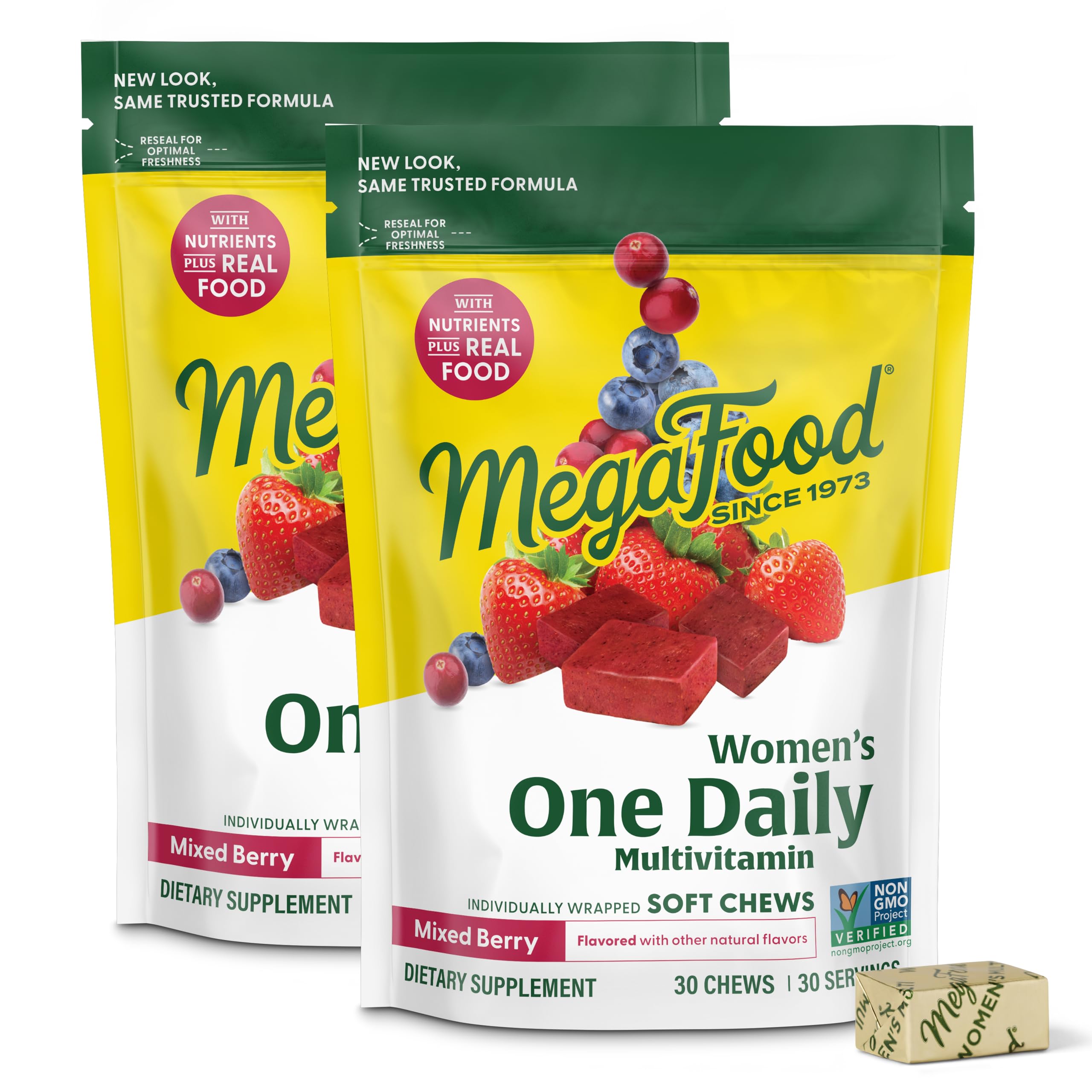 Packaging for MegaFood Women's One Daily Multivitamin Soft Chews in mixed berry flavor