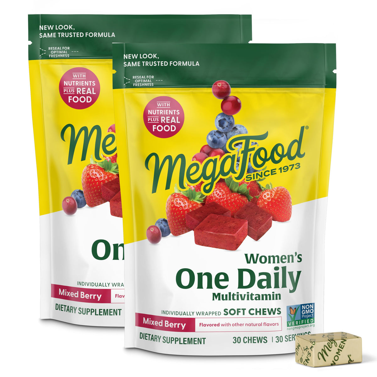 Packaging for MegaFood Women's One Daily Multivitamin Soft Chews in mixed berry flavor