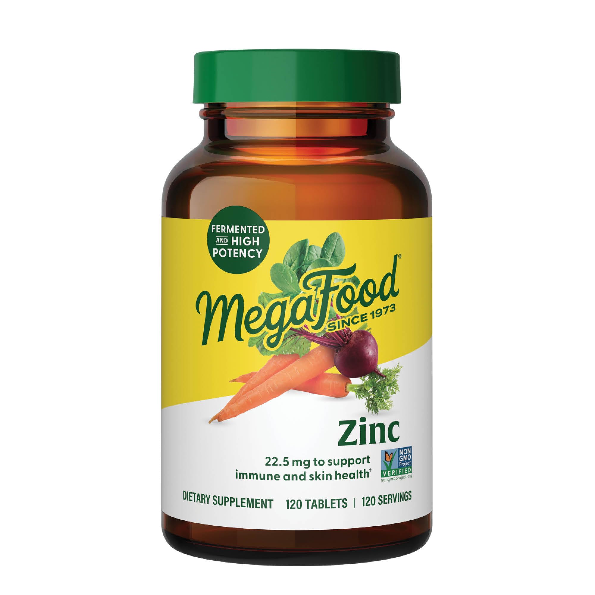Bottle of MegaFood Zinc Supplements with 120 tablets on label