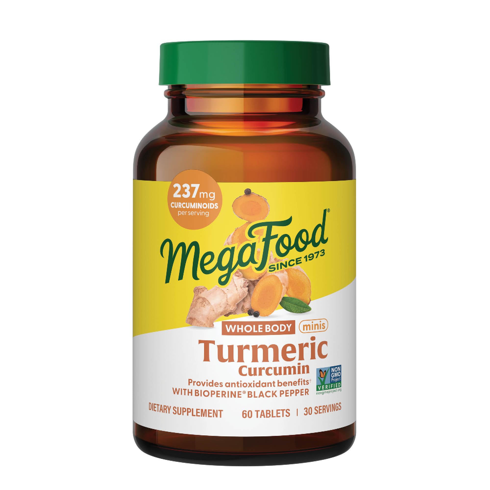 Hero image: MegaFood Whole Body Minis Turmeric Curcumin bottle with 60 mini tablets