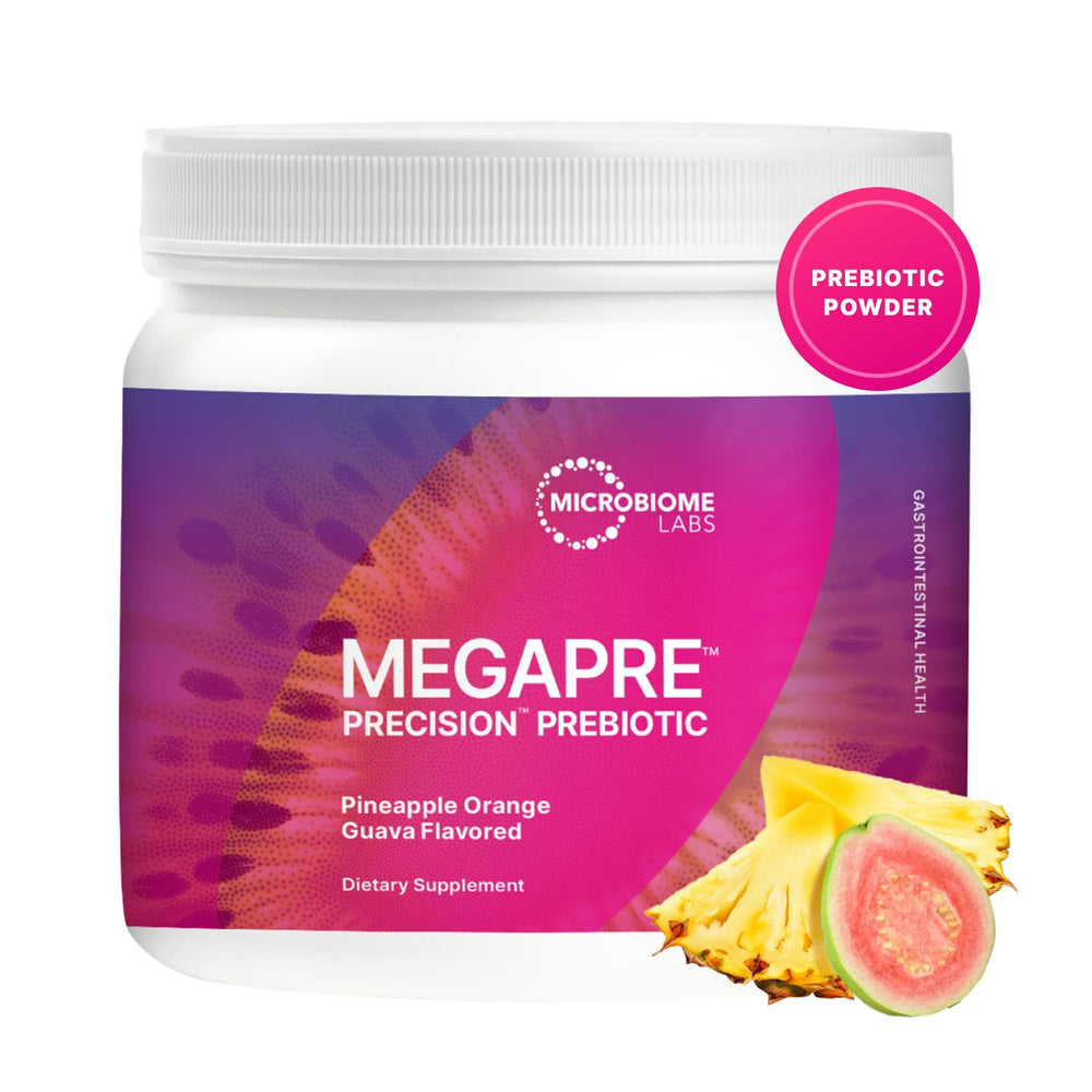 MegaPre prebiotic powder bottle showing Pineapple Orange Guava flavor, 5.5 oz