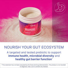 Front view of MegaPre prebiotic powder bottle