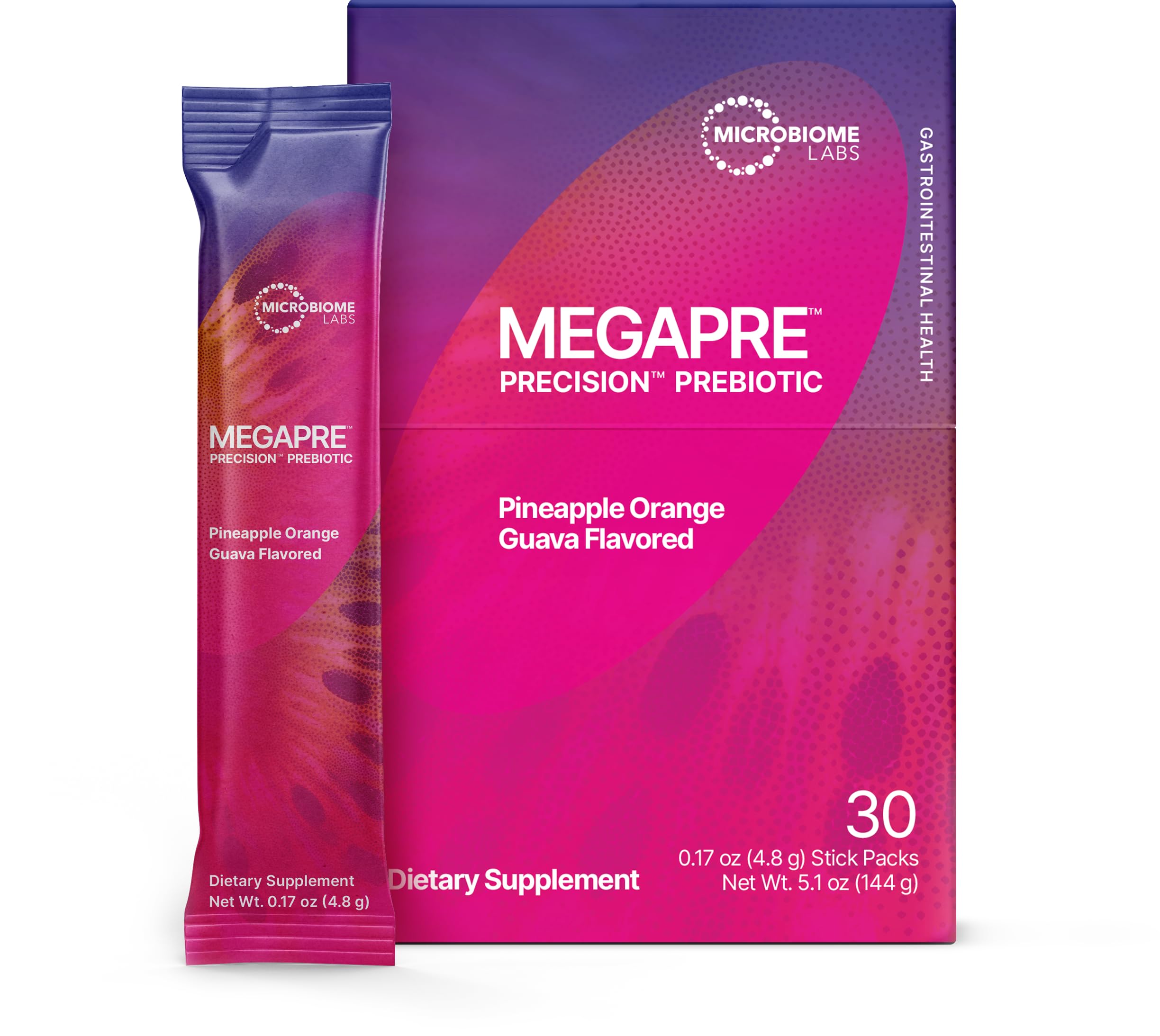 MegPre precision prebiotic stick packs in Pineapple Orange Guava flavor