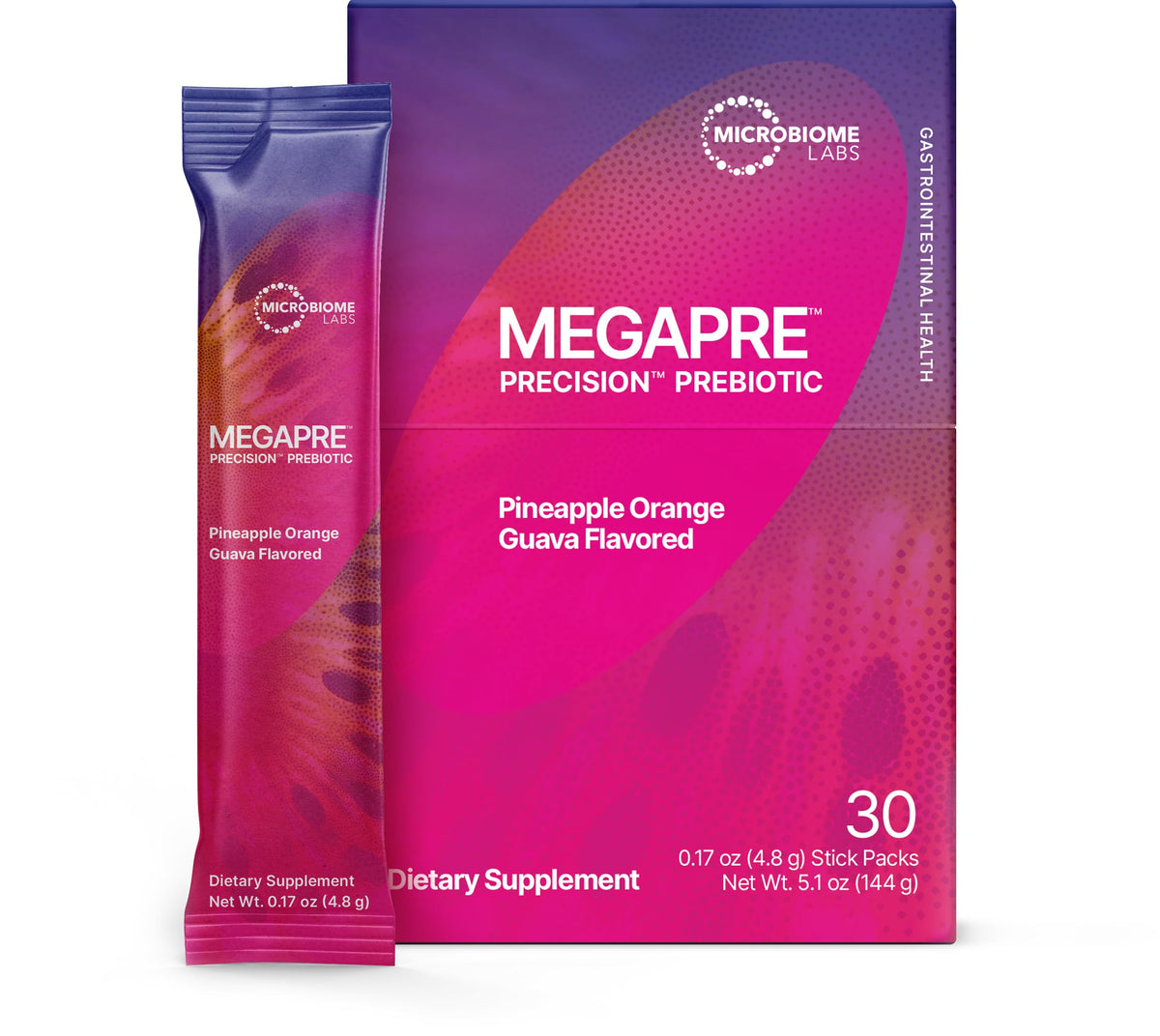 MegPre precision prebiotic stick packs in Pineapple Orange Guava flavor