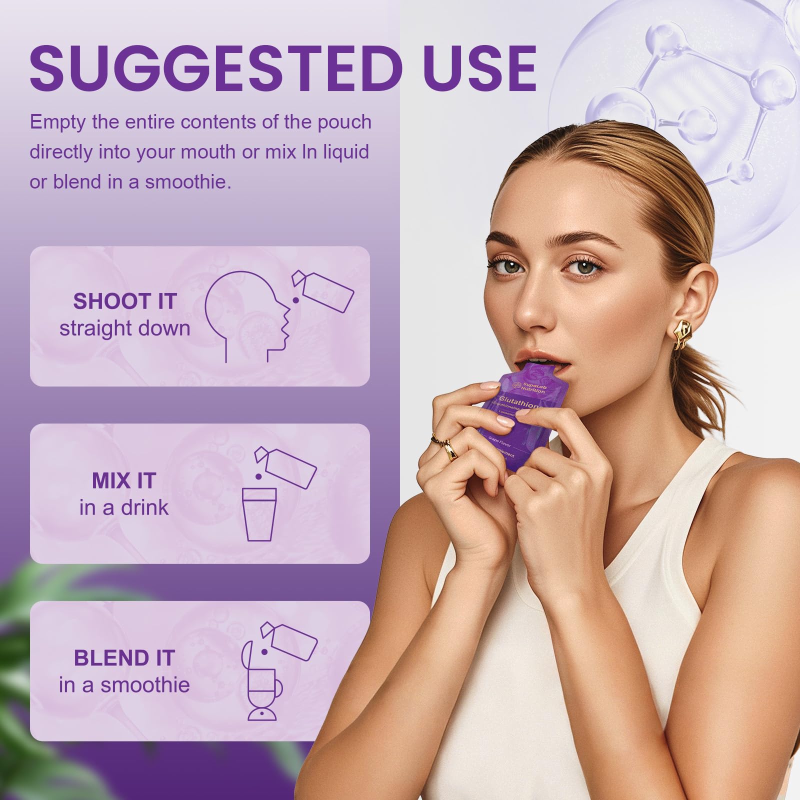 Dissolving MEGNETA powder in water to show grape flavor