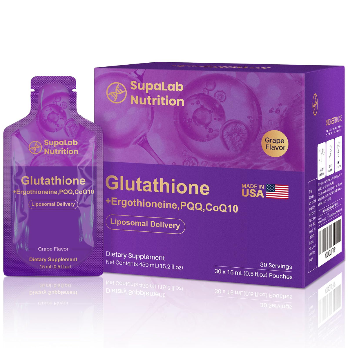 MEGNETA Liposomal Glutathione 500mg grape-flavored pouch label and packaging