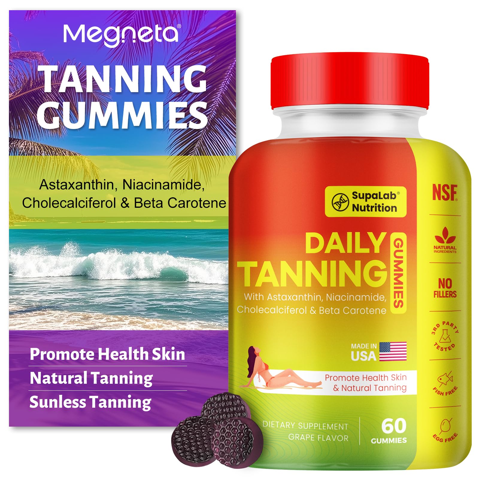 MEGNETA Tanning Gummies bottle with purple label