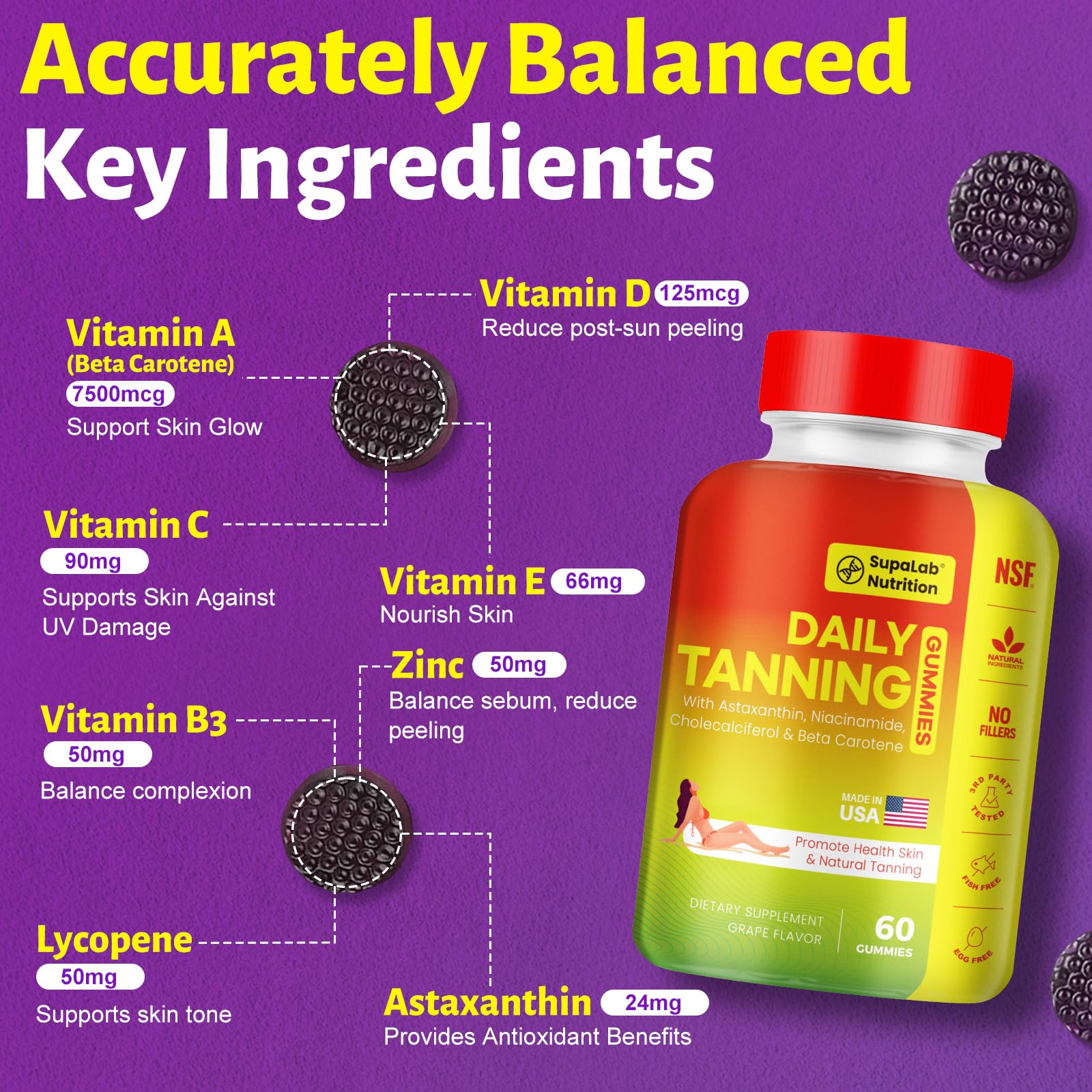 Close-up of grape-flavored MEGNETA Tanning Gummies