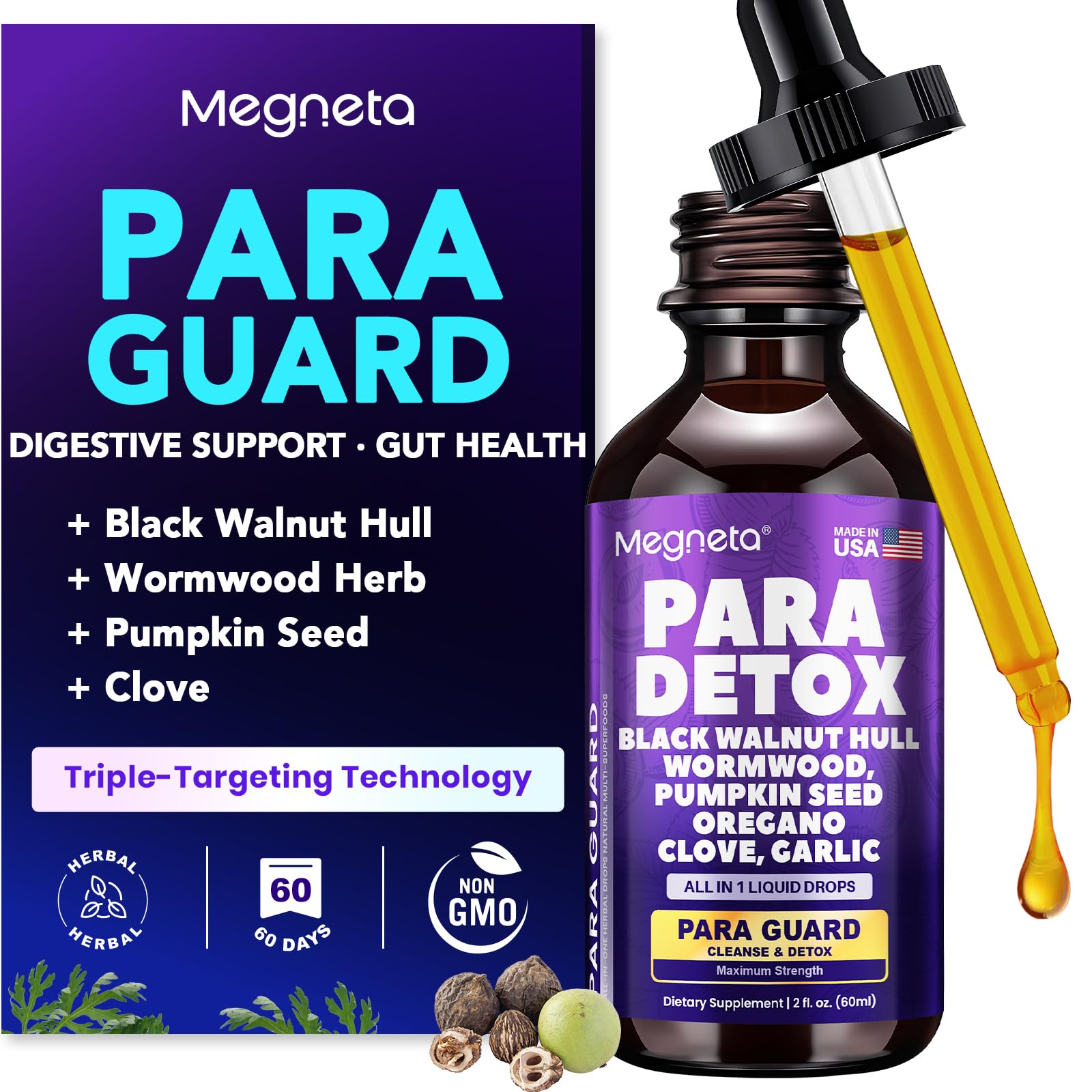 MEGNETA wormwood blend bottle closeup highlighting potent detox blend for gut balance
