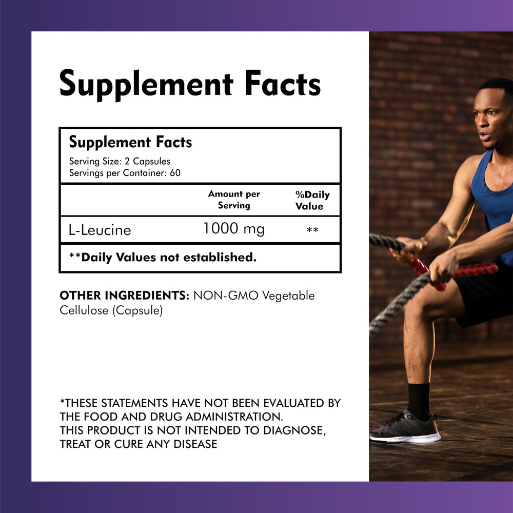 Nutritional information panel on Meibotan L-Leucine bottle