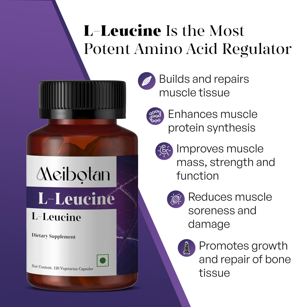 Vegan and Non-GMO indicators on Meibotan L-Leucine label