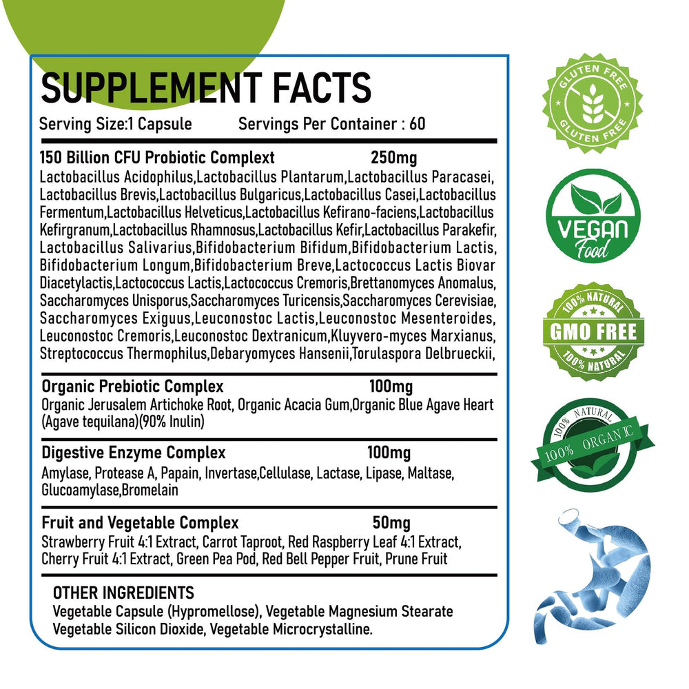Organic prebiotic complex ingredients including Jerusalem artichoke, acacia gum and blue agave inulin