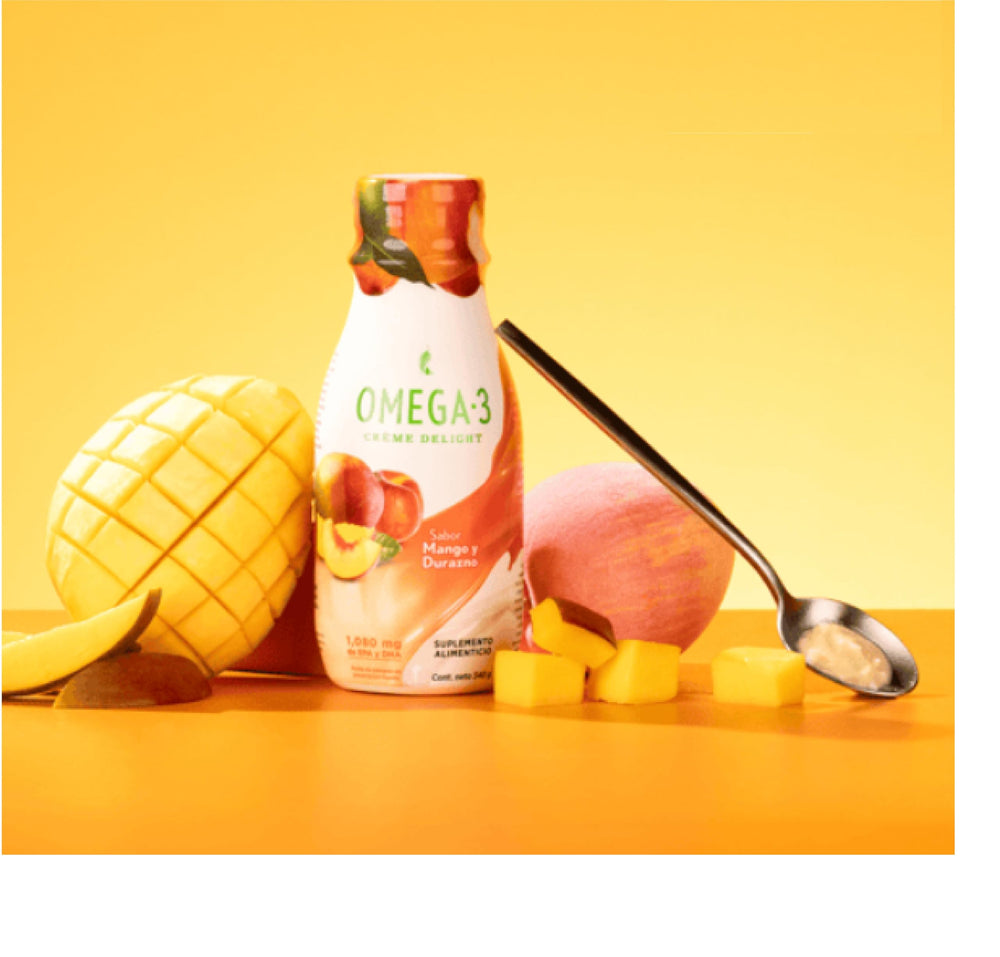Close-up of the Melaleuca Omega 3 Creme Delight Peach Mango Tango 12oz bottle label