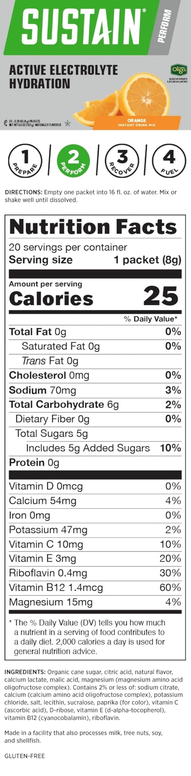 Ingredients: calcium, magnesium, sodium and potassium in Sustain Sport Orange Splash