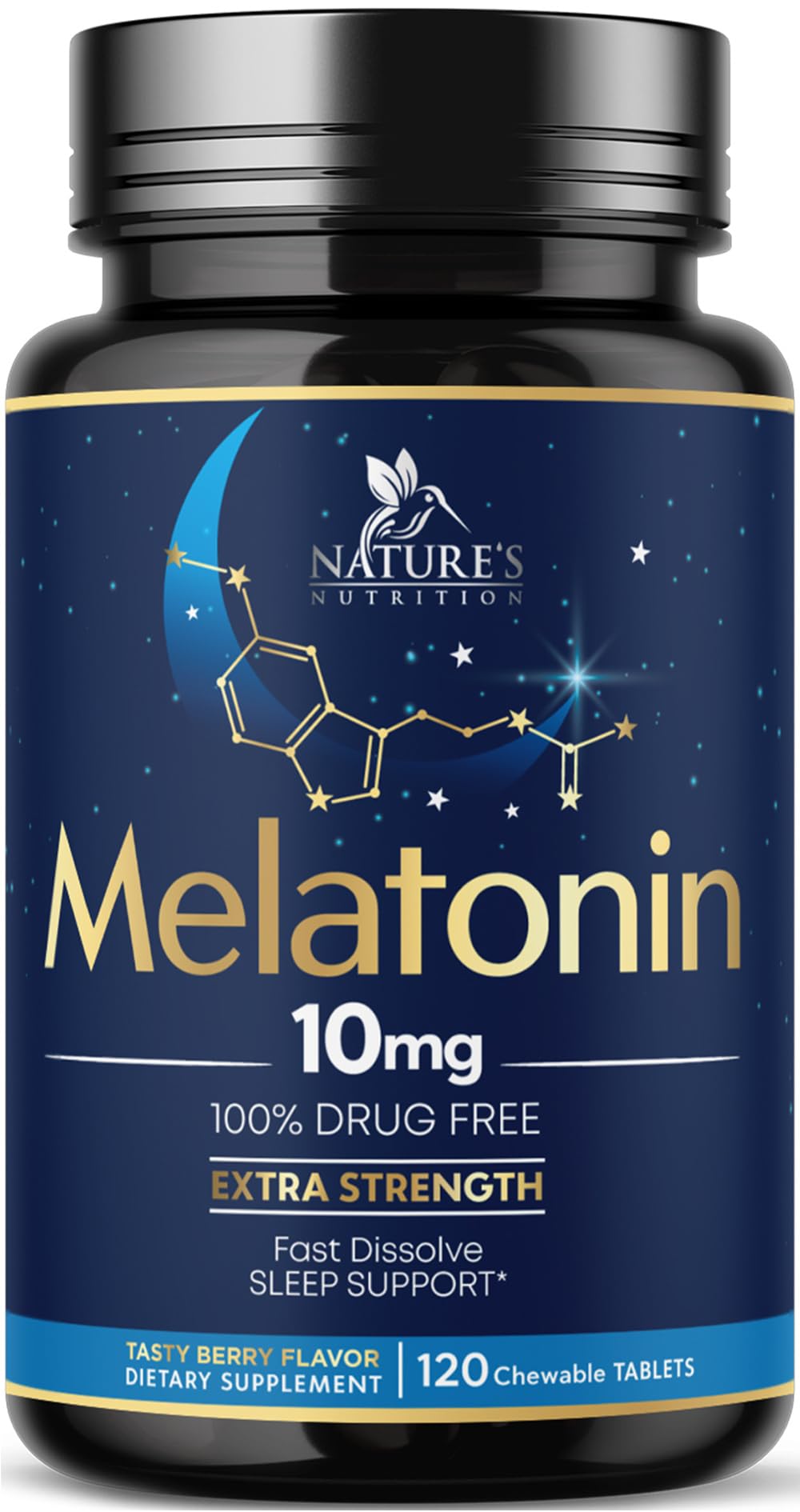 Bottle of Melatonin 10mg fast-dissolve tablets with strawberry flavor label