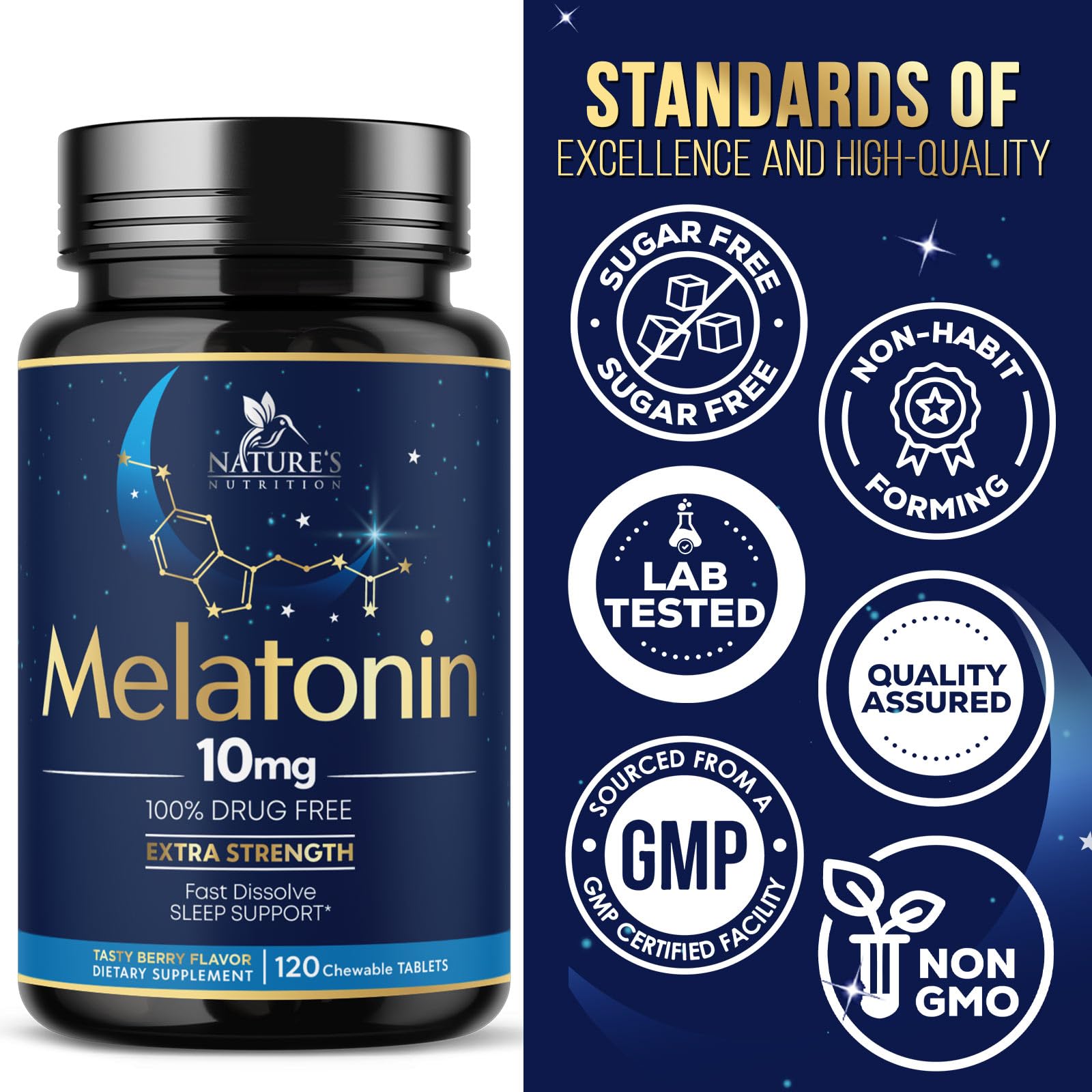 Melatonin 10mg tablets in a clear storage bottle
