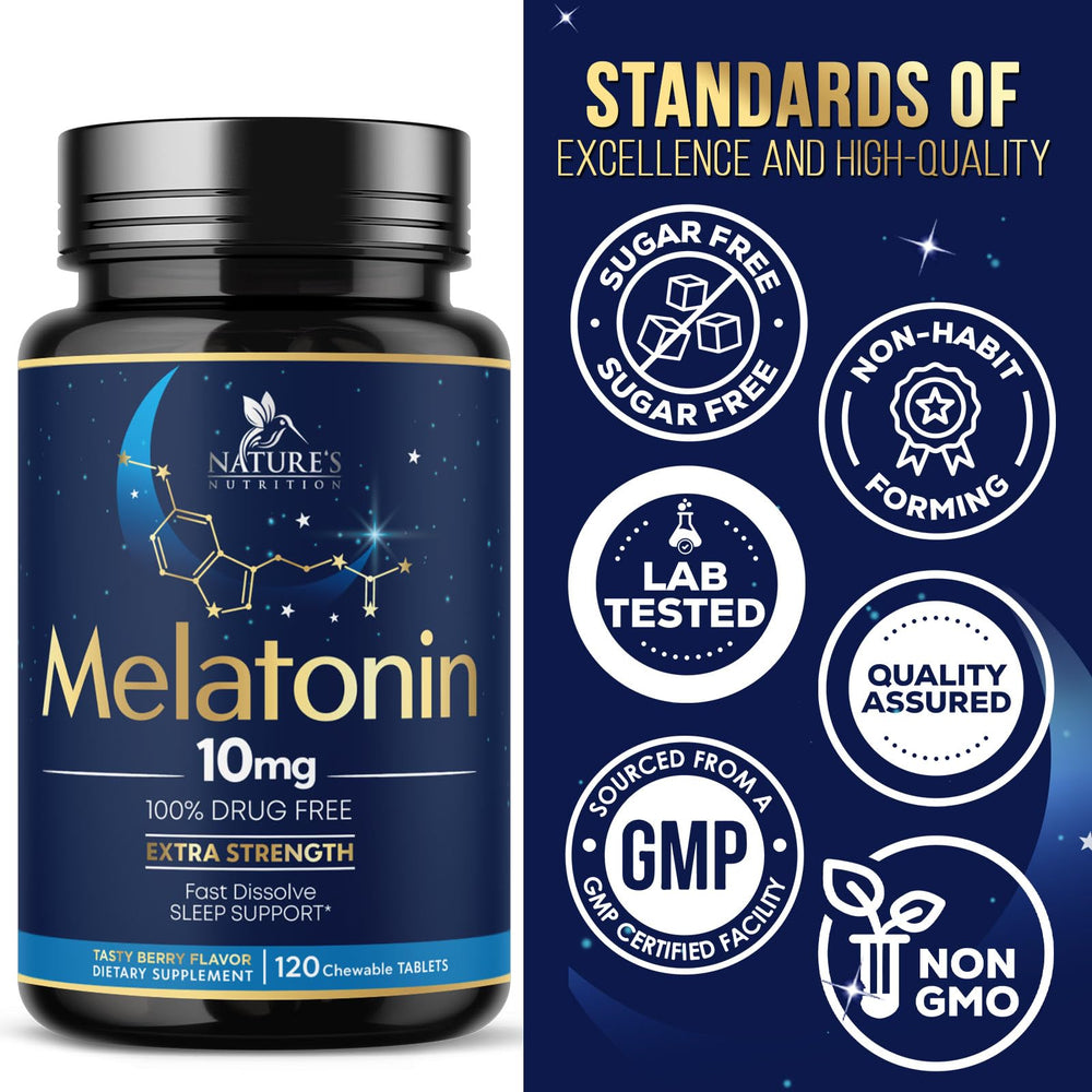 Melatonin 10mg tablets in a clear storage bottle