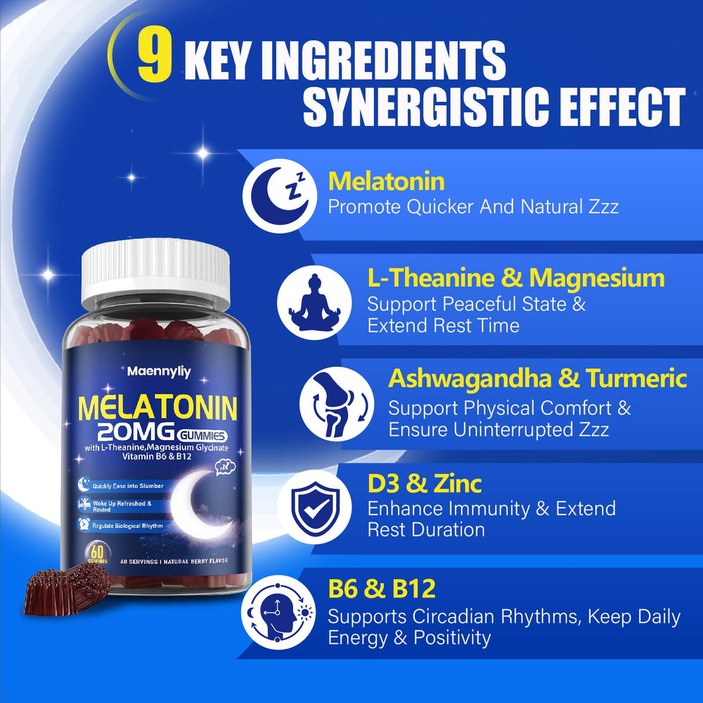 Icons for key ingredients: L-Theanine, Magnesium, Vitamin D3, B6, B12, Zinc