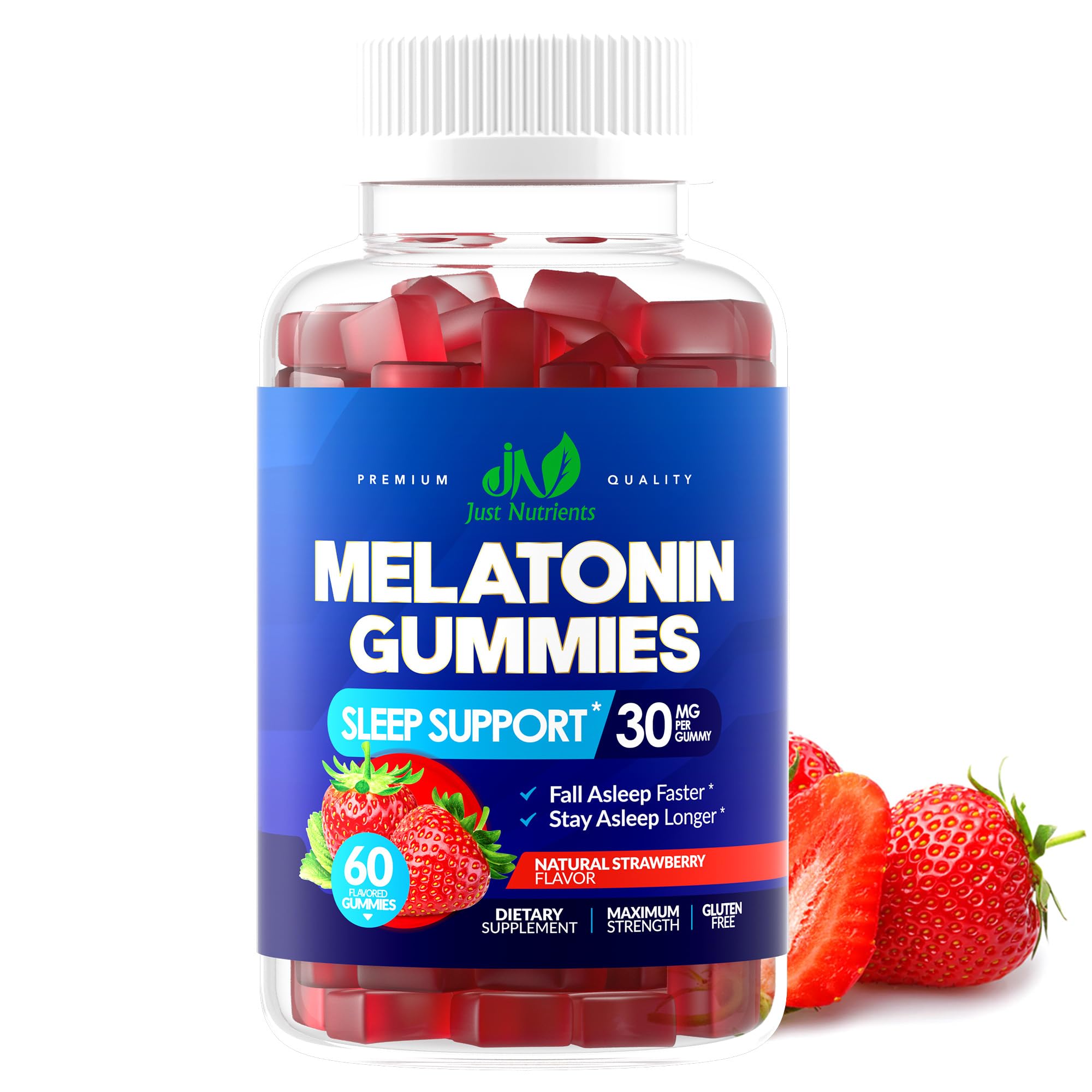 Front view of Melatonin 30mg Gummies bottle in Strawberry flavor