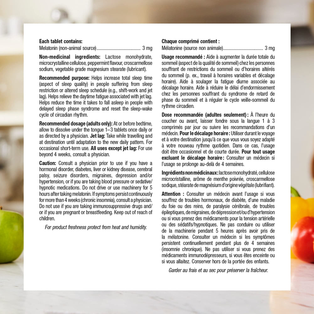 Box packaging for Melatonin 3 mg quick-dissolve tablets