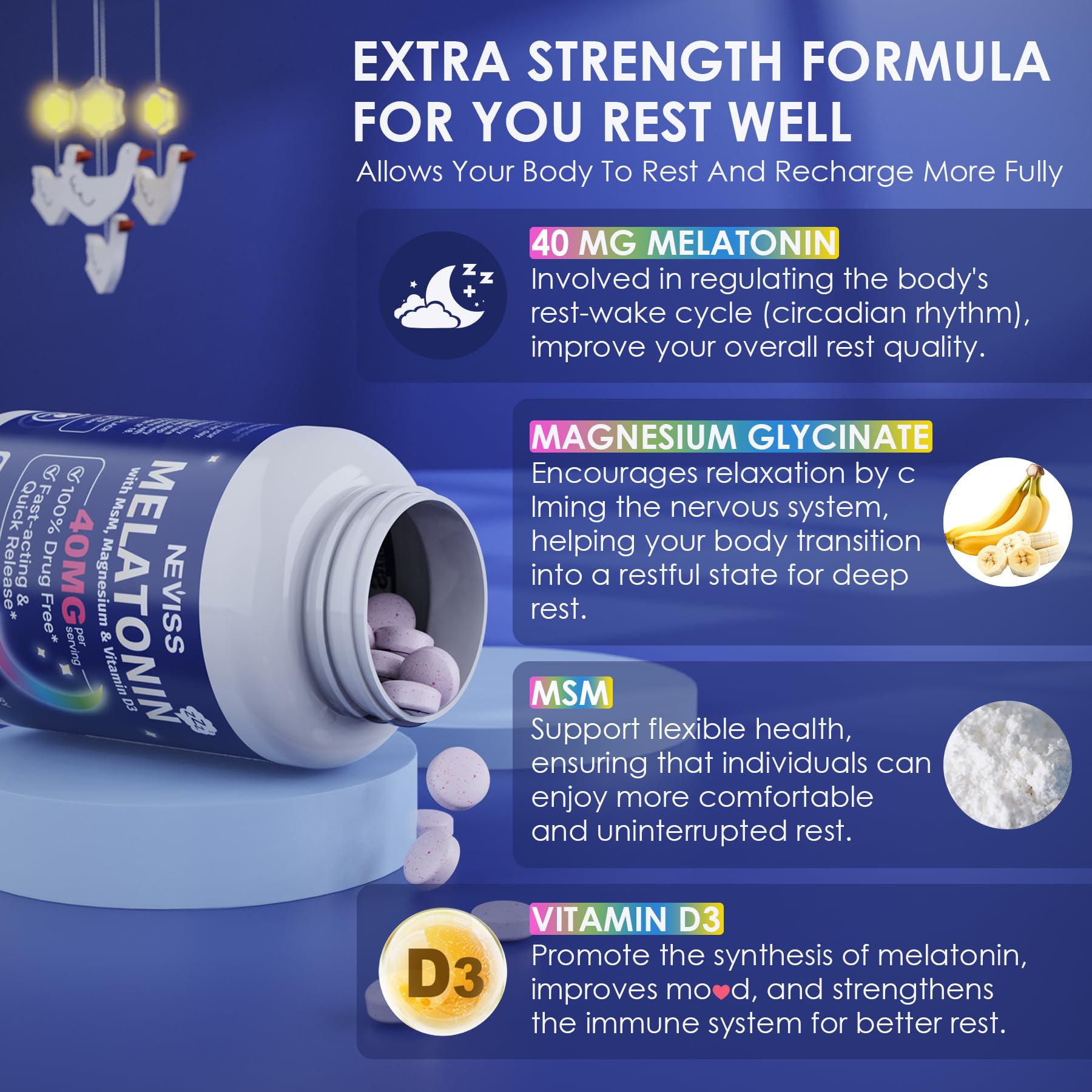 Supplement facts showing Vitamin D3 & MSM with melatonin 40mg
