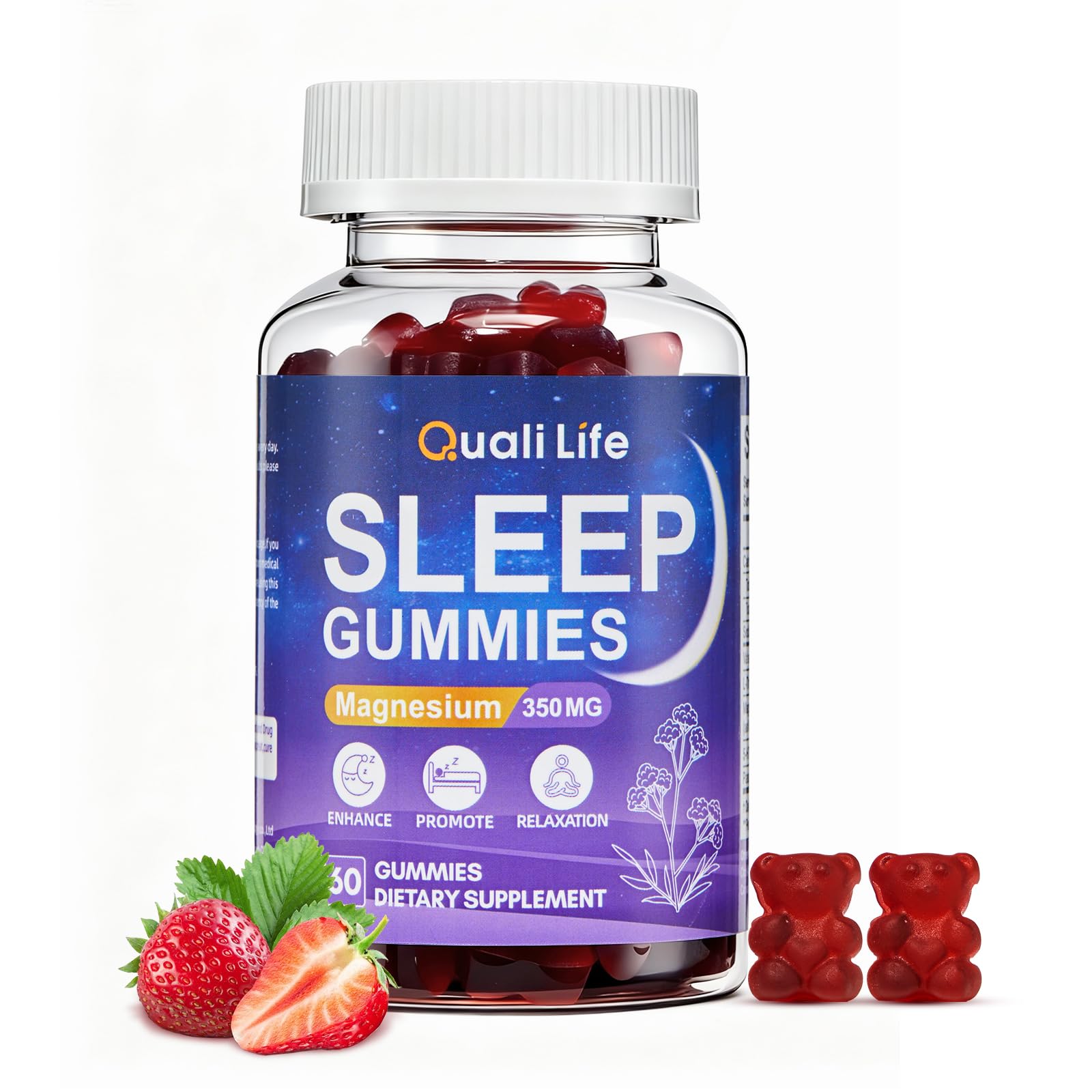 Front view of Melatonin-Free Sleep Gummies bottle with strawberry flavor