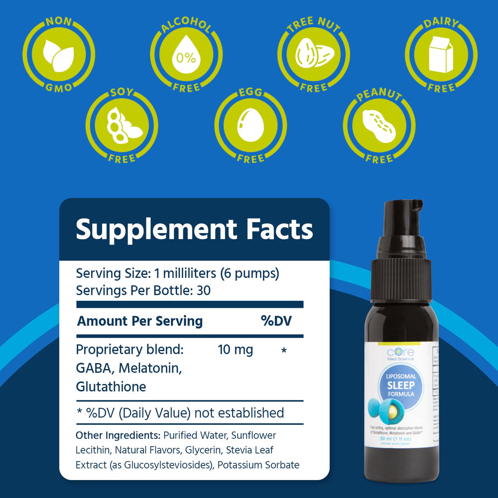Ingredients showing melatonin, GABA, and glutathione for sleep support.