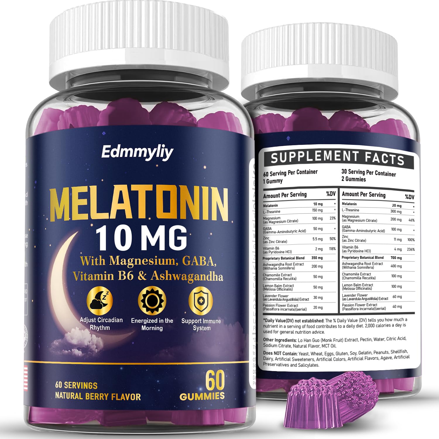 Melatonin gummies bottle with 10mg per gummy label