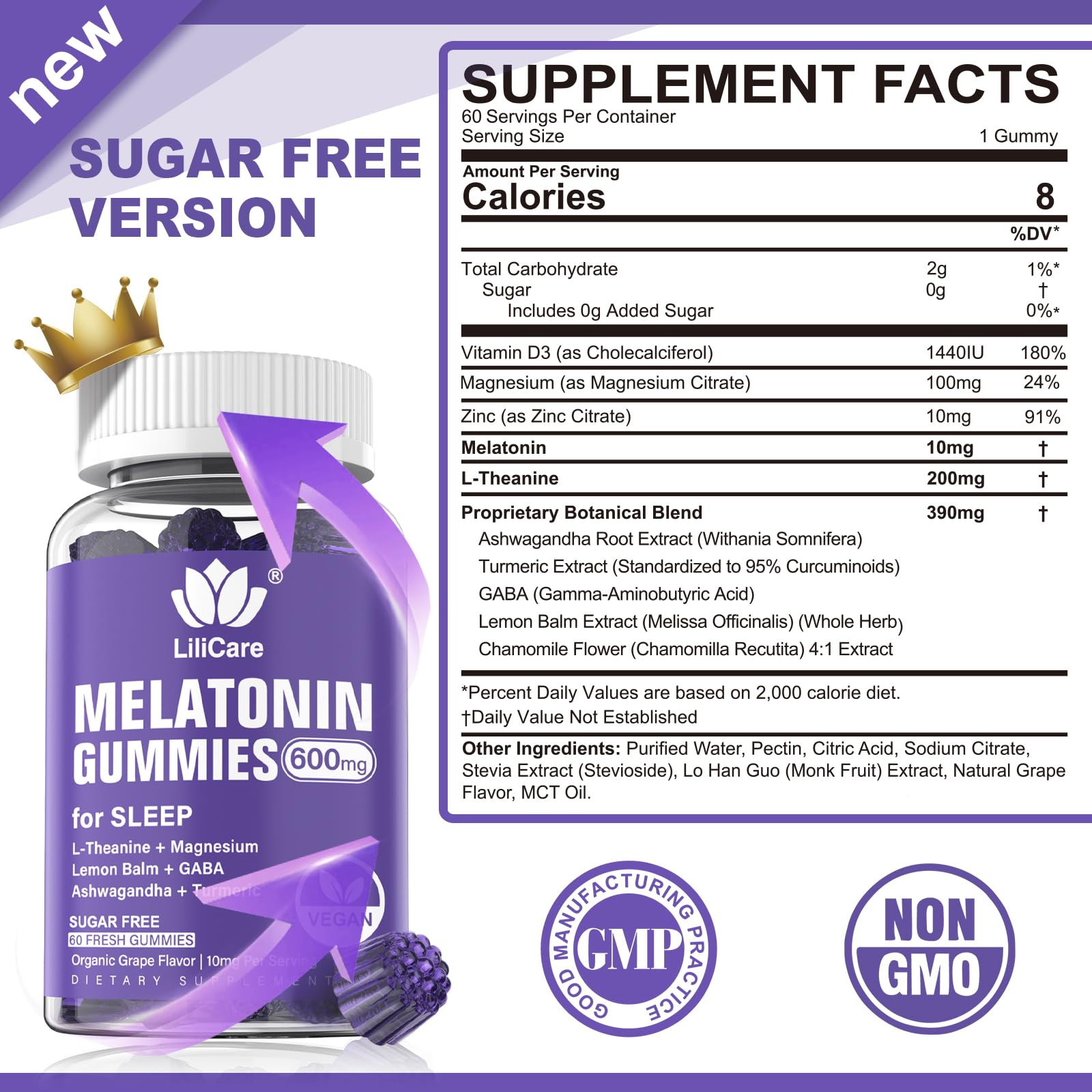 Grape-flavored melatonin gummies serving 1-2 per day