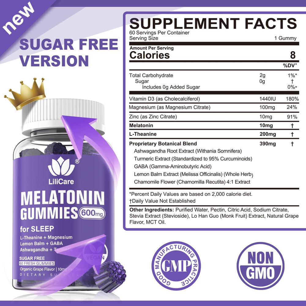 Grape-flavored melatonin gummies serving 1-2 per day