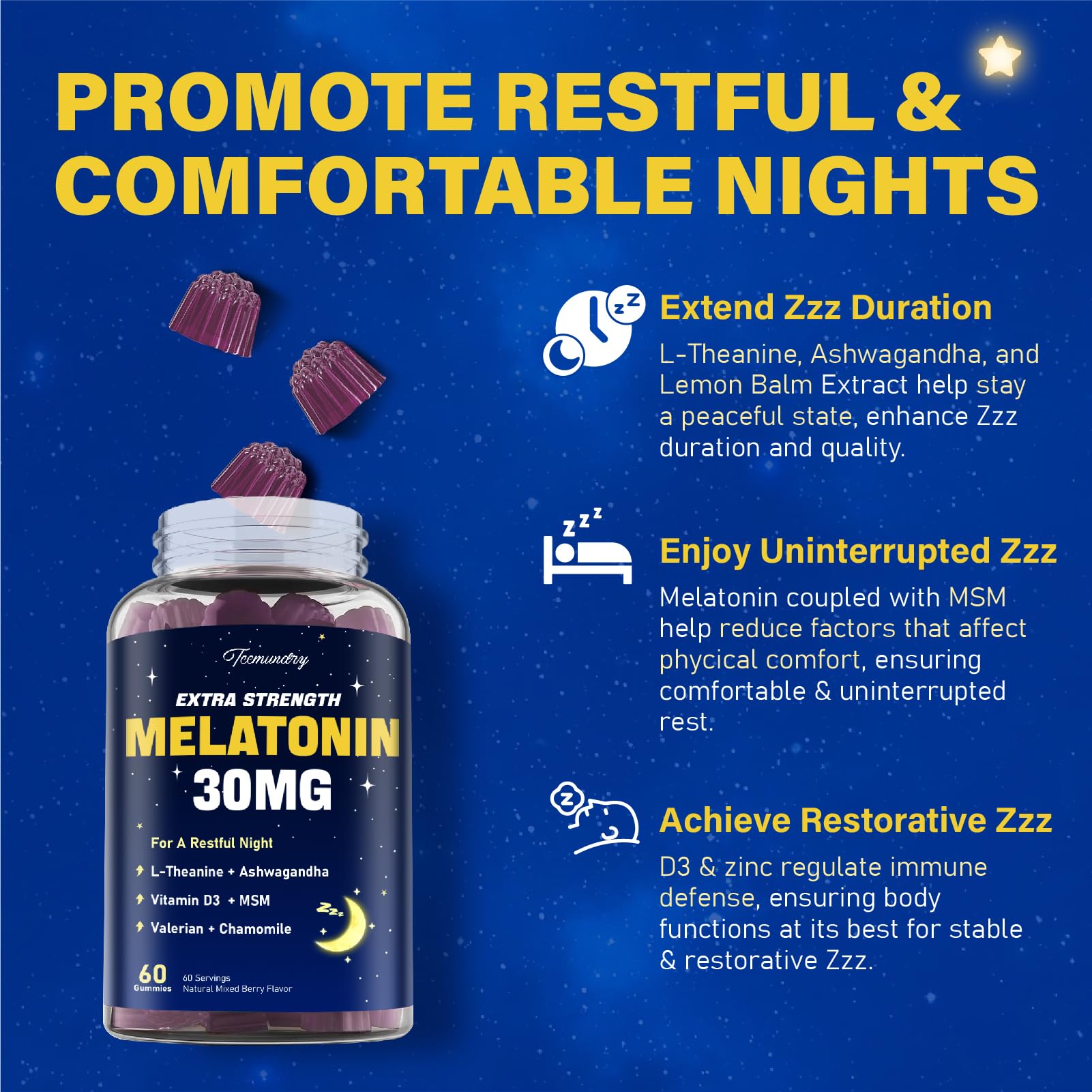 Ingredients including L-theanine, Ashwagandha, Valerian, Chamomile