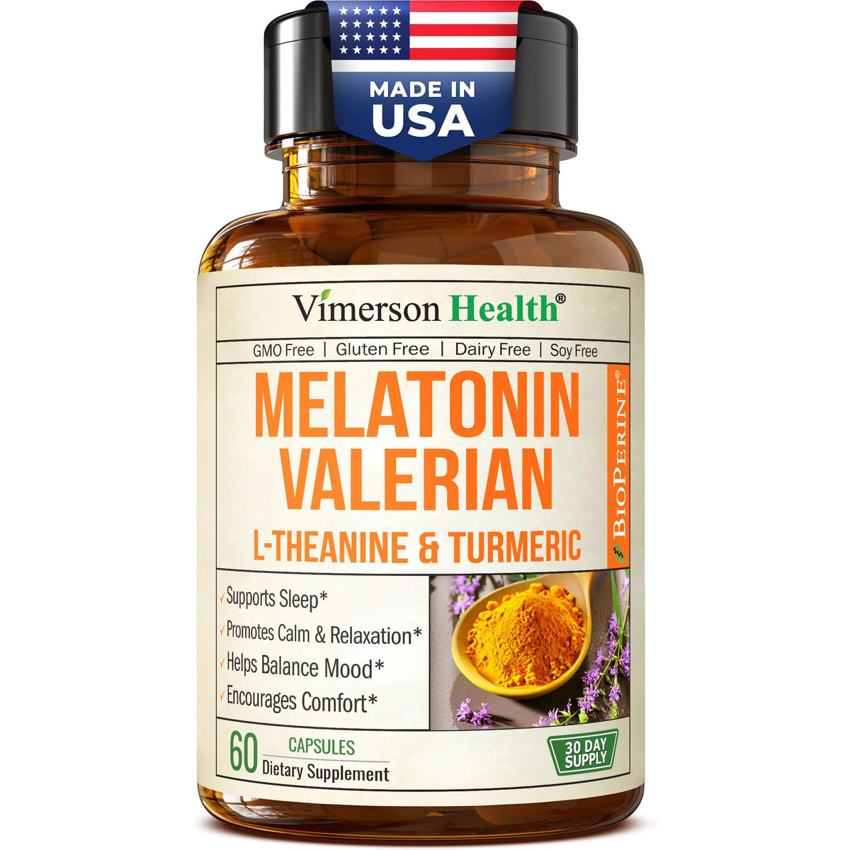 Melatonin Sleep Aid bottle label featuring L-Theanine and Valerian Root