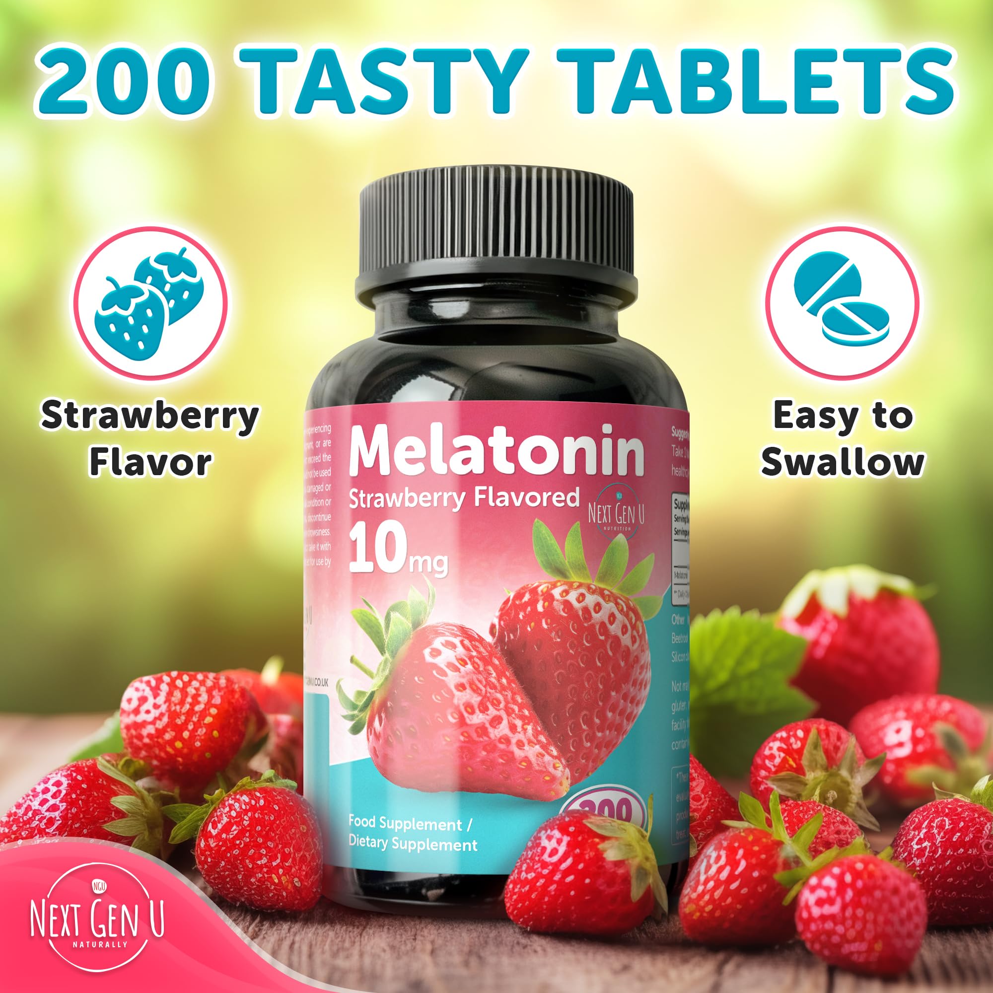 Bottle label indicating 200 vegan melatonin tablets