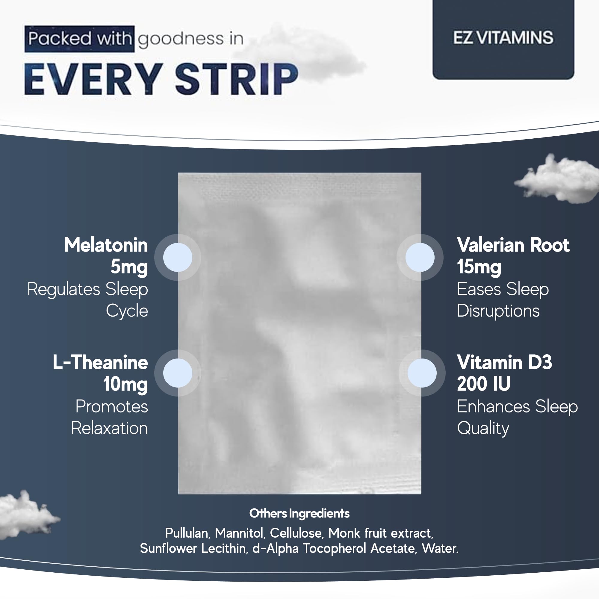 Illustration of melatonin, valerian root, L-Theanine and Vitamin D3 ingredients