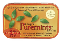 Front view of Meltzer's Puremints Ginger 1.76 oz tin