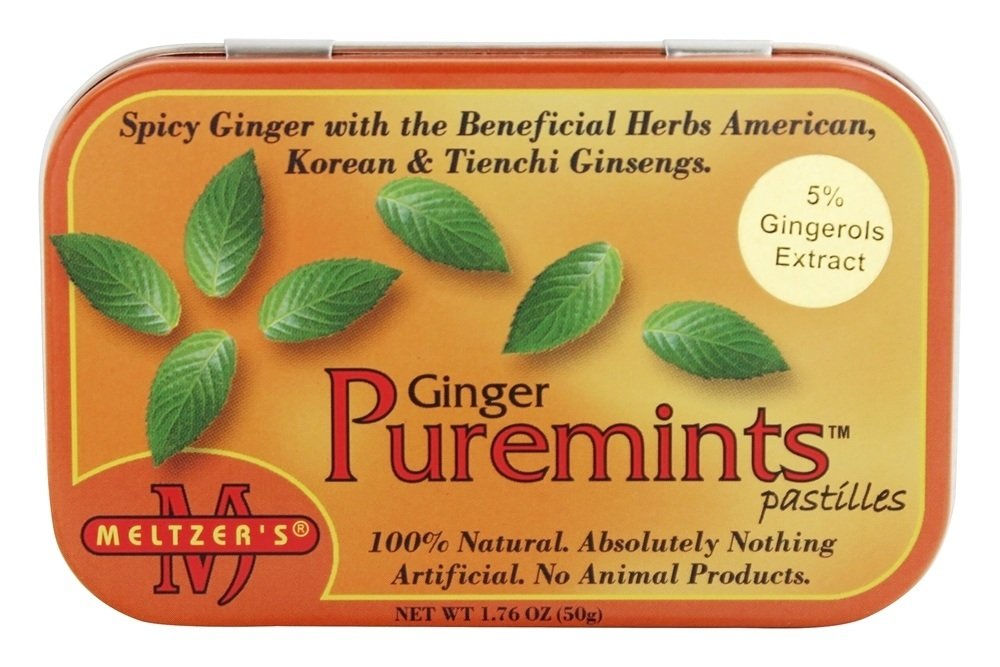 Close-up of Meltzer's Ginger Puremints pastilles