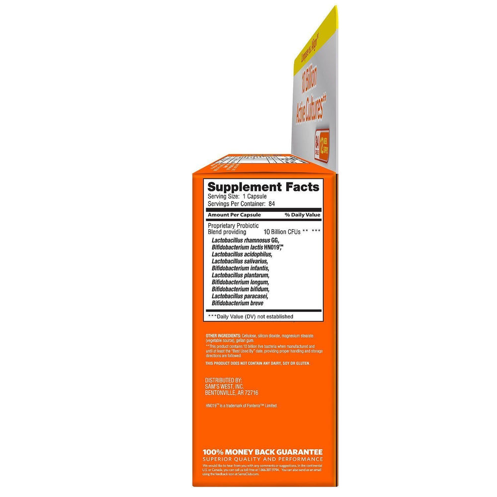 Label showing 10-strain probiotic blend and delayed-release capsules