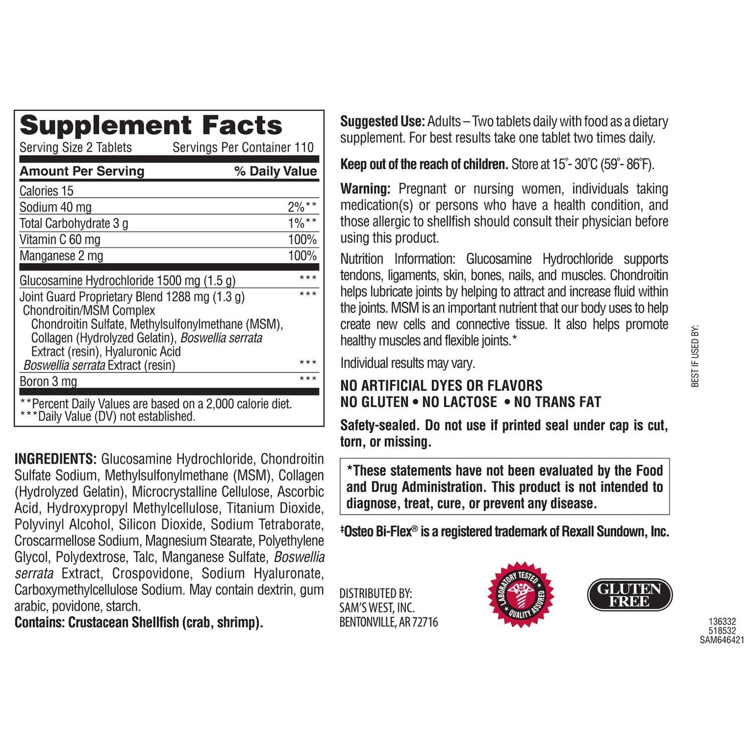 Packaging showing Member's Mark Glucosamine Chondroitin MSM 220 Count tablets