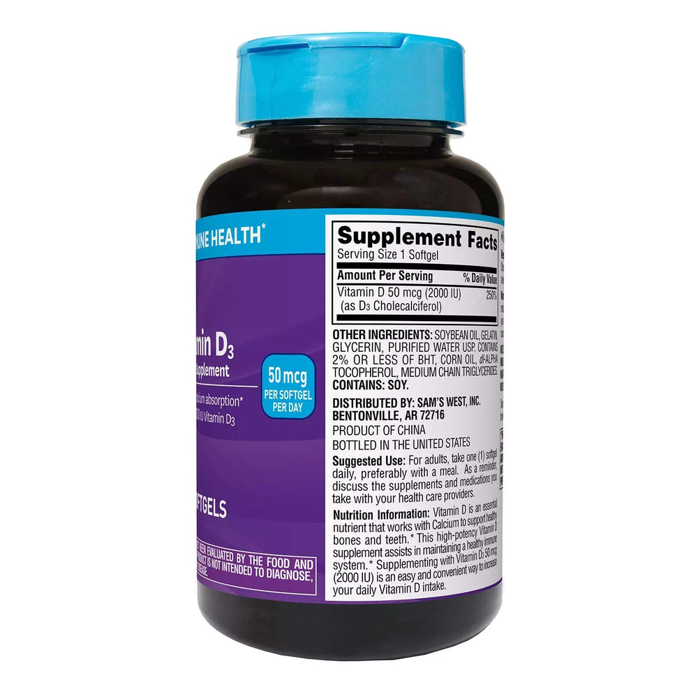 Label for Member's Mark Vitamin D3 50 mcg (2000 IU) bottle