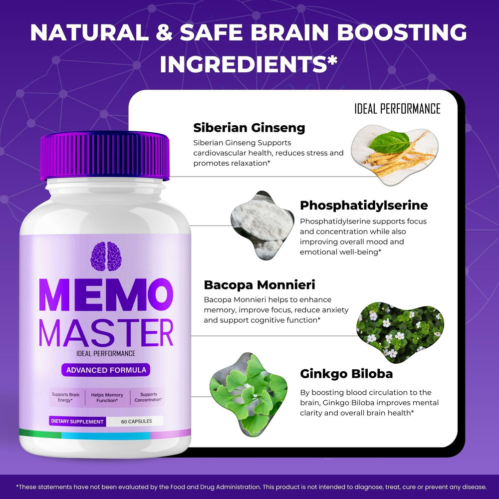 Display of 5-pack Memo Master nootropic pills
