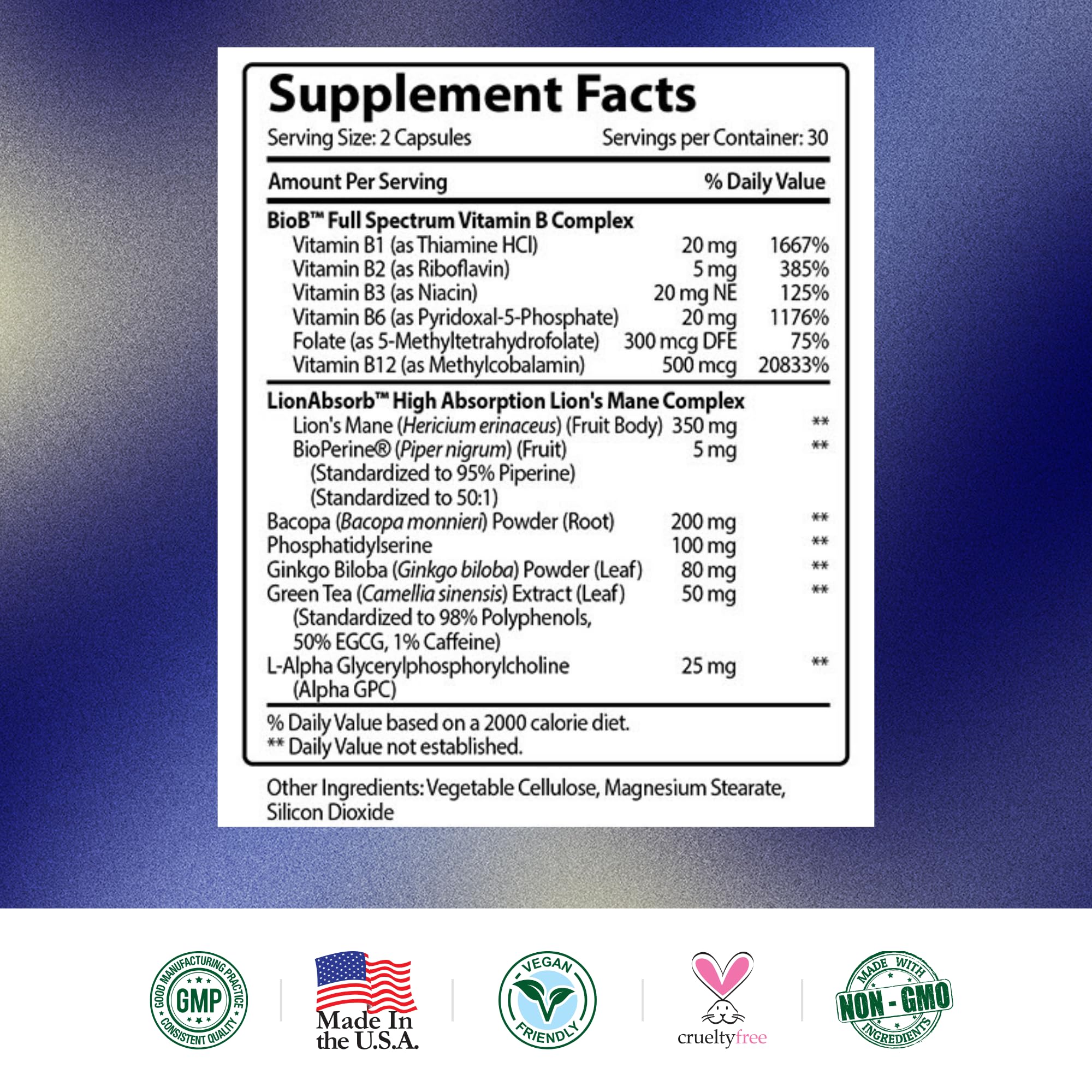 Non-GMO vegan memory booster made in the USA packaging