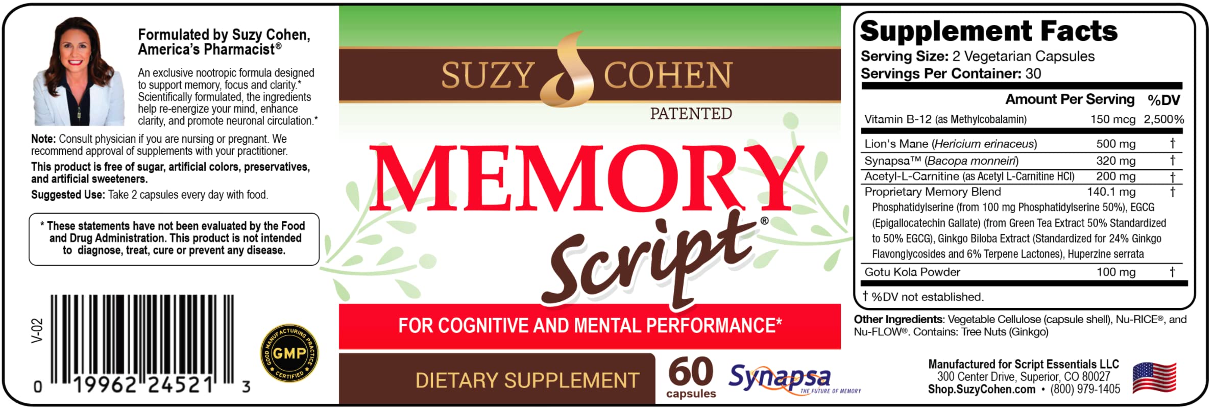 Side view of Memory Script bottle displaying packaging