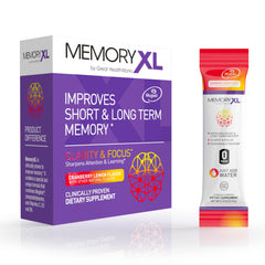 MemoryXL brain supplement packaging with 30-stick Cranberry Lemon flavor