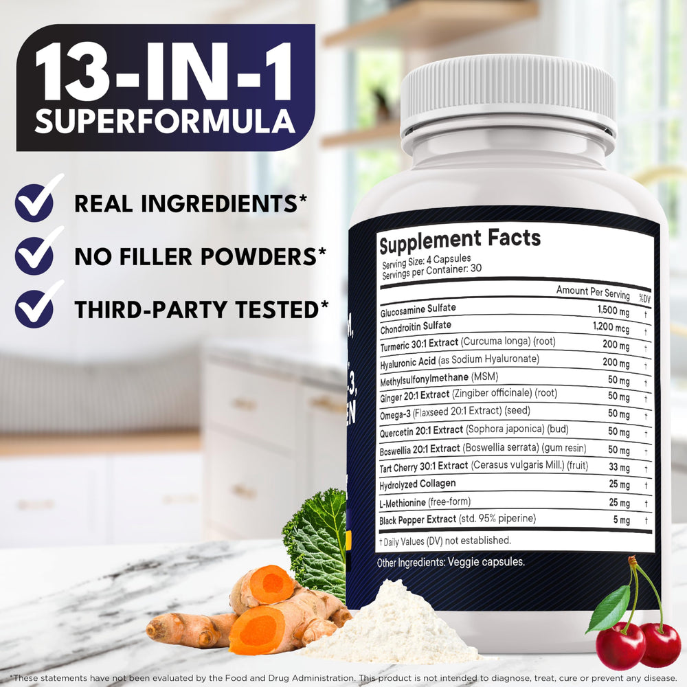 Capsules showing 360-count health supplement for men and women