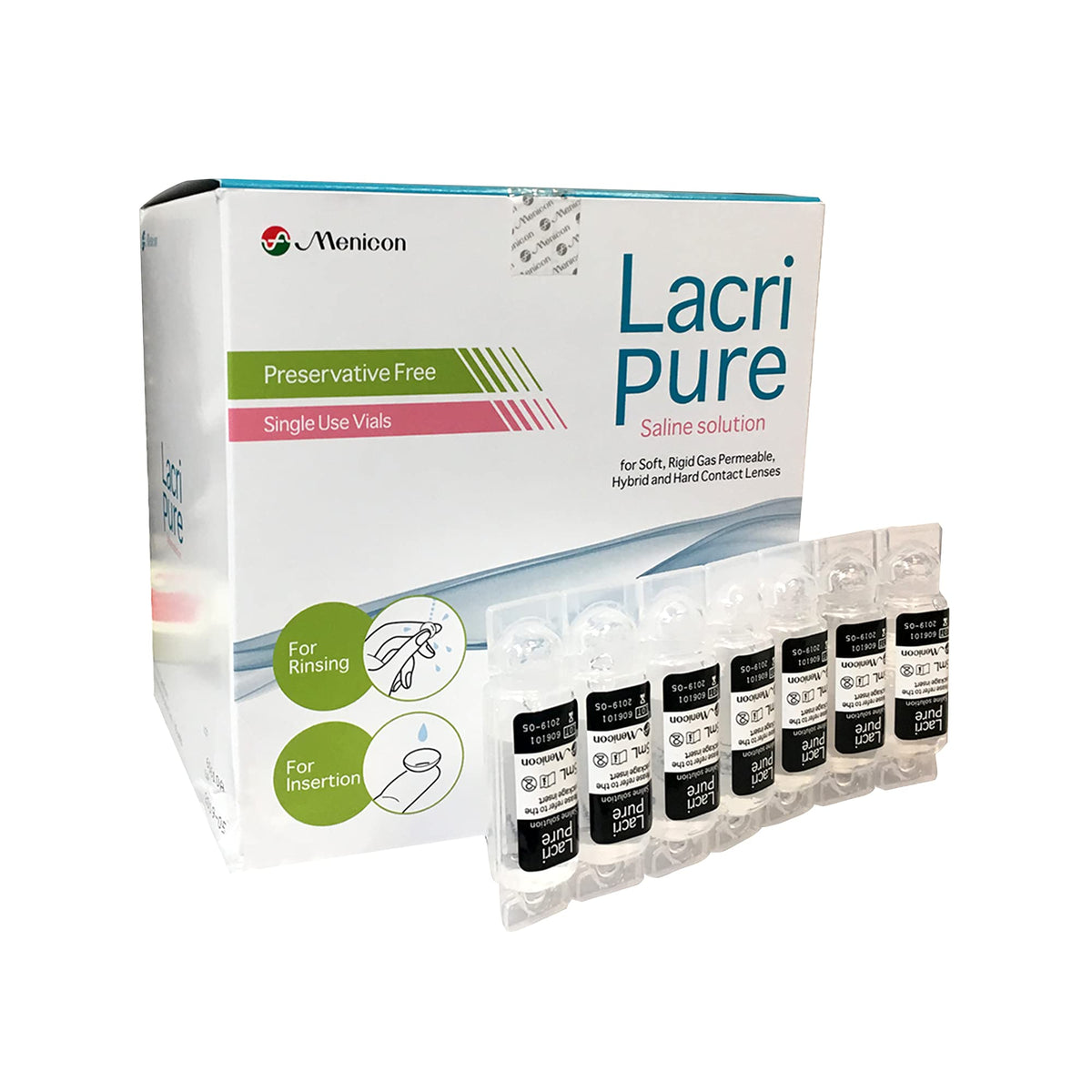 Menicon LacriPure saline contact lens solution vial close-up