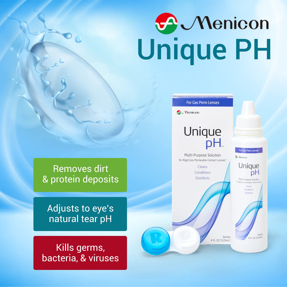 Close-up of Menicon solution bottle with lens case
