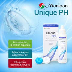 Close-up of Menicon solution bottle with lens case