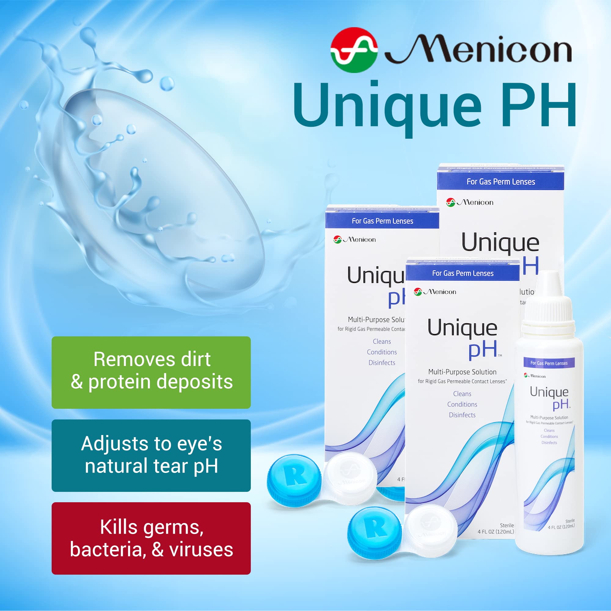 Close-up of Menicon Unique pH Multi-Purpose Solution bottles