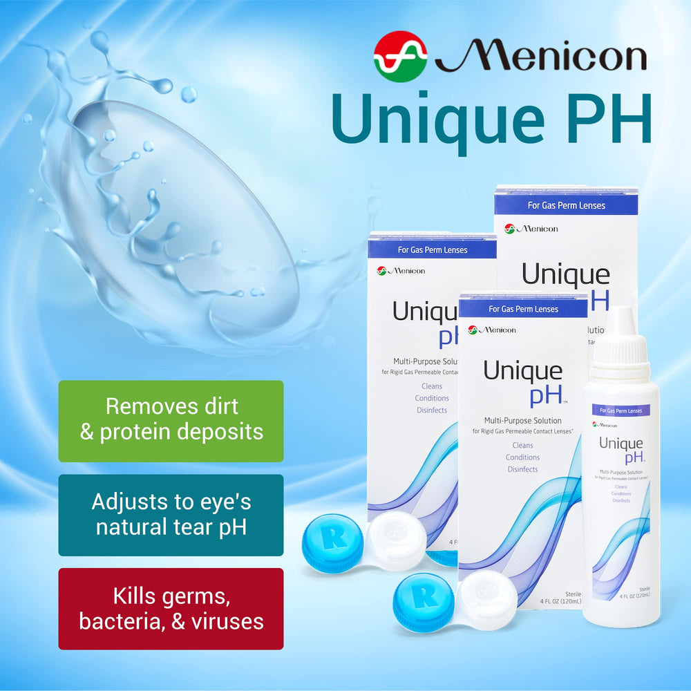 Close-up of Menicon Unique pH Multi-Purpose Solution bottles